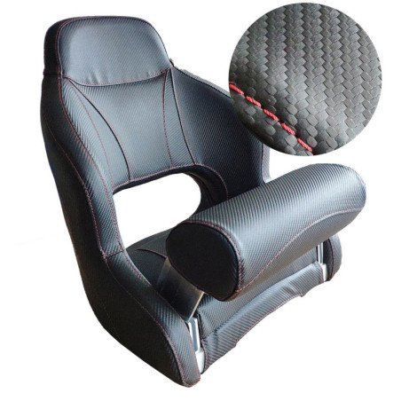 Steuersitz/Bootsstuhl Sport PVC mit Flip-Up, schwarz mit roten Nähten