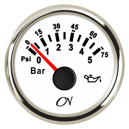 CN Öldruck-Anzeige analog 12/24V 57mm 0-5bar weiß/chrom