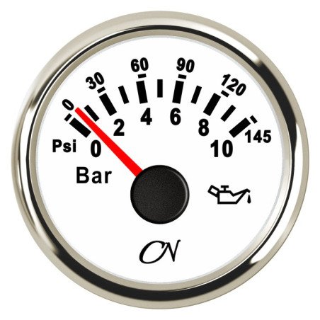 CN Öldruck-Anzeige analog 12/24V 57mm 0-10bar weiß/chrom