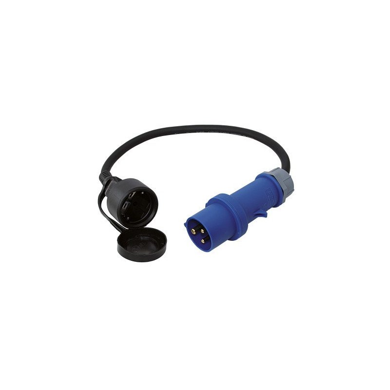 CEE Adapterkabel 230V 3-polig mit Stecker + Schuko-Kupplung mit Kappe, 0,5m