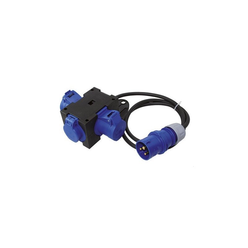 CEE Verteilerkabel 230V 3-polig mit Stecker und 2 Steckdosen + Schuko, 1,5m
