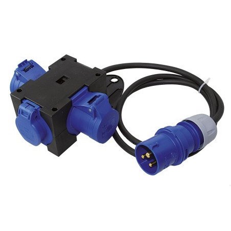 CEE Verteilerkabel 230V 3-polig mit Stecker und 2 Steckdosen + Schuko, 1,5m