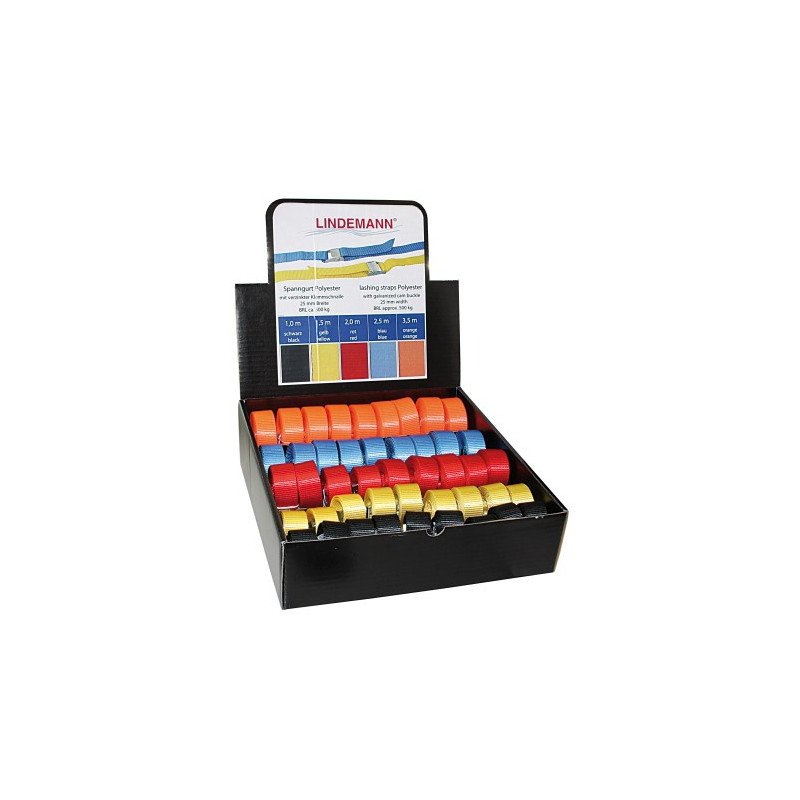 Display mit Spanngurten verzinkt/PES 25mm versch. Längen farbmix 45-tlg.